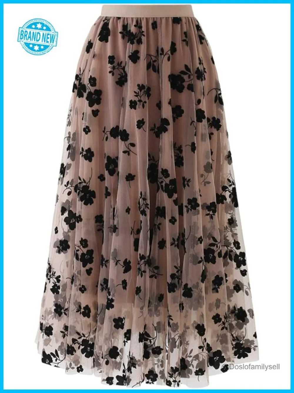 3D Posy Double-Layered Mesh Midi Skirt - Romantic Floral High Rise A-Line - Picture 1 of 7